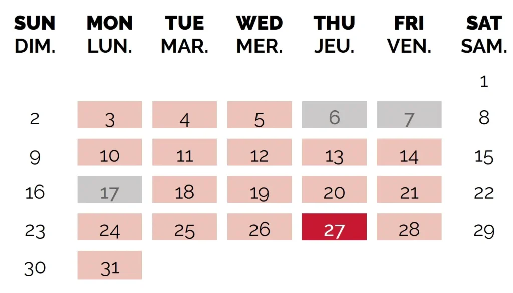 Calendrier scolaire mai 2027 – École Canadienne Internationale de Paris